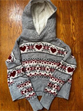 ruby moon Gray Hooded Fair Isle Sweater with Red Hearts